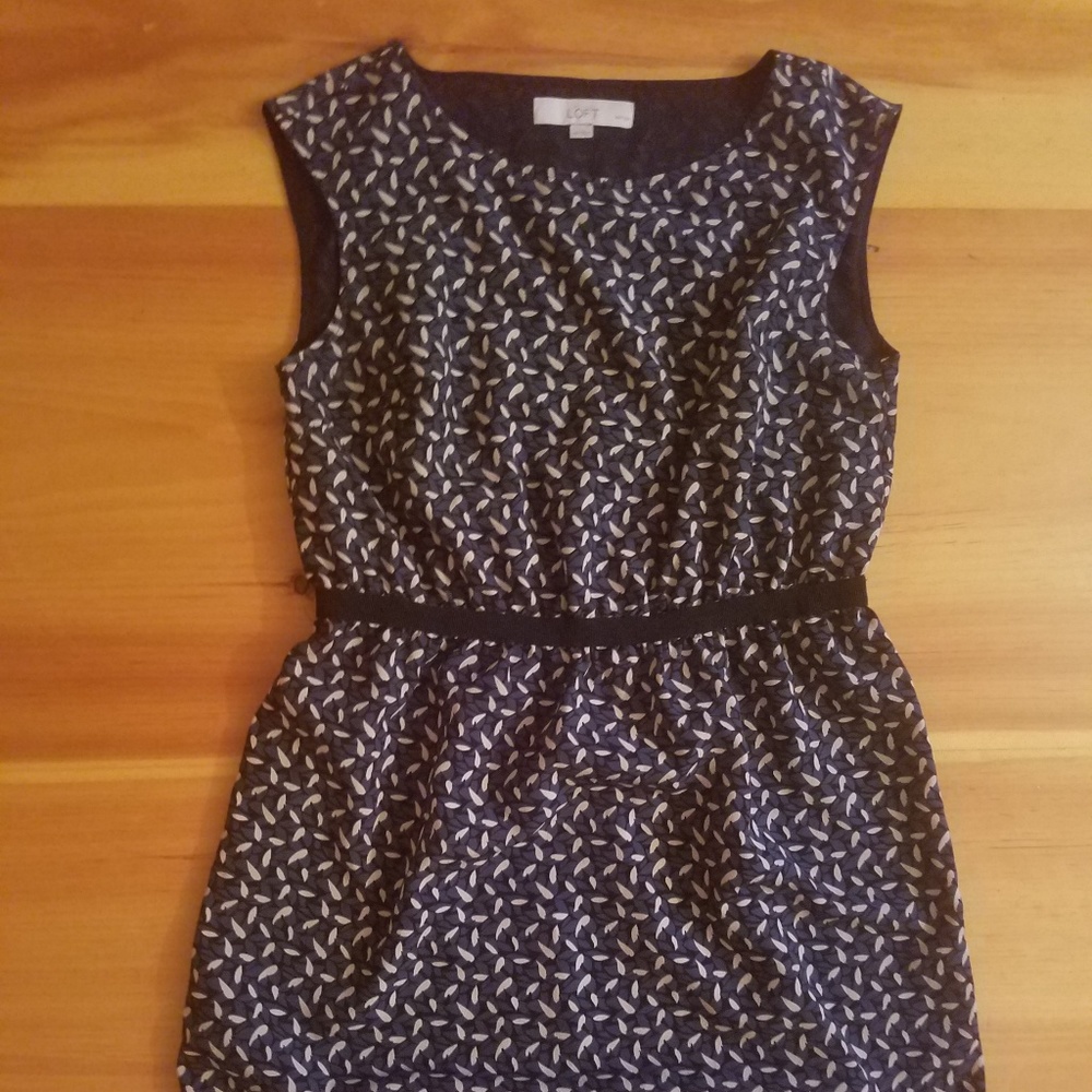 LOFT Petites Blue + Cream Patterned Dress